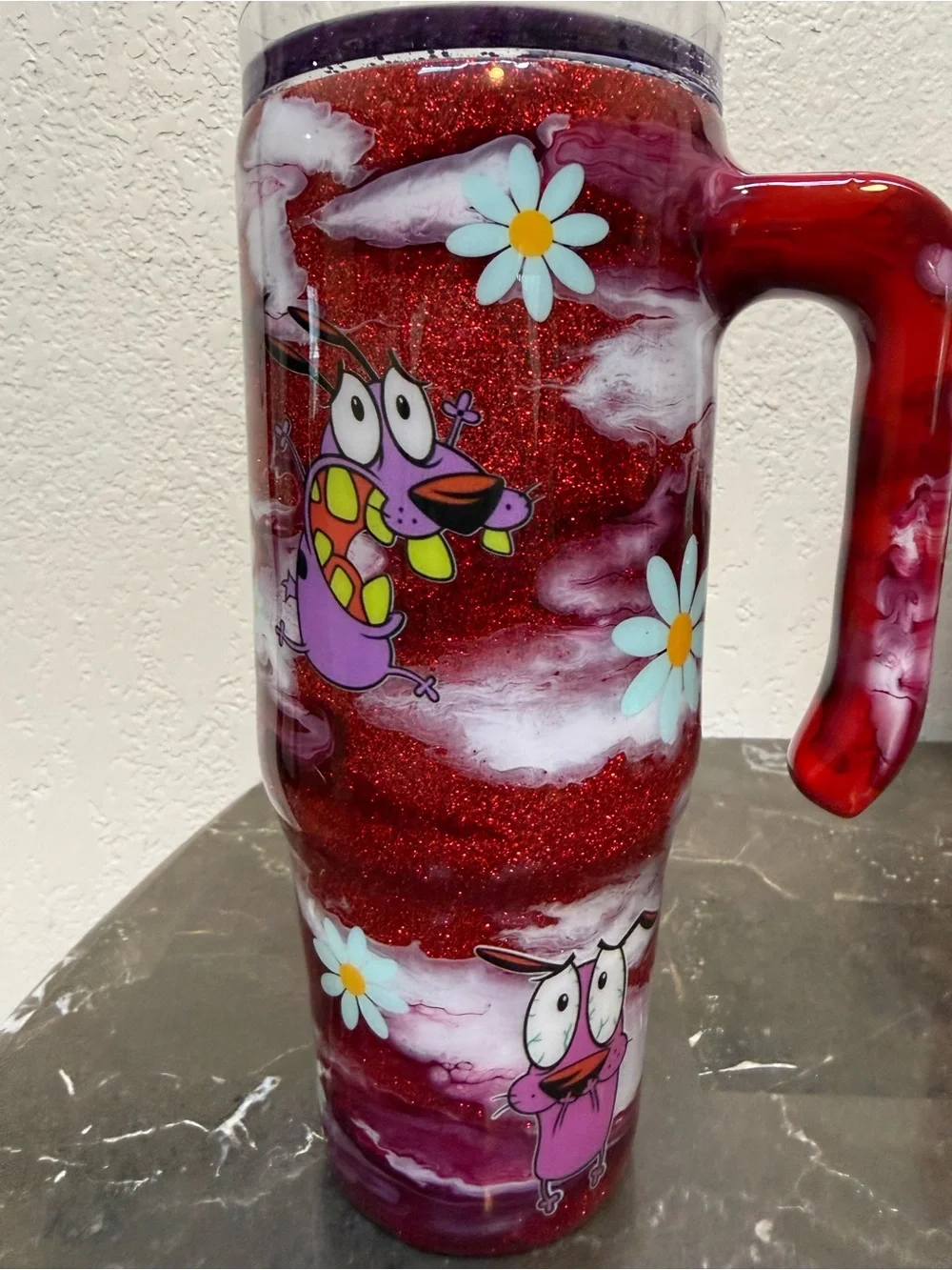 Courage the Cowardly Dog Red Marble Glitter Tumbler Cup 30 oz Handle Handmade